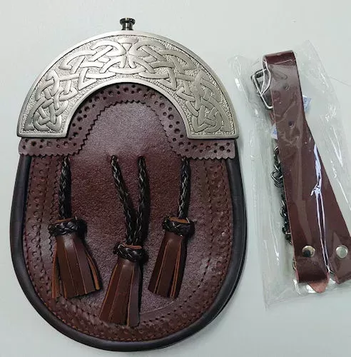 Sporran Semi Dress bruin leer met Celtic rand met ketting